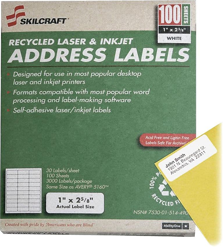 AbilityOne Multi-Use Permanent Labels, 1" x 2 5/8", White, 30 Labels per Sheet, 100 Sheets/Box (7530015144904)