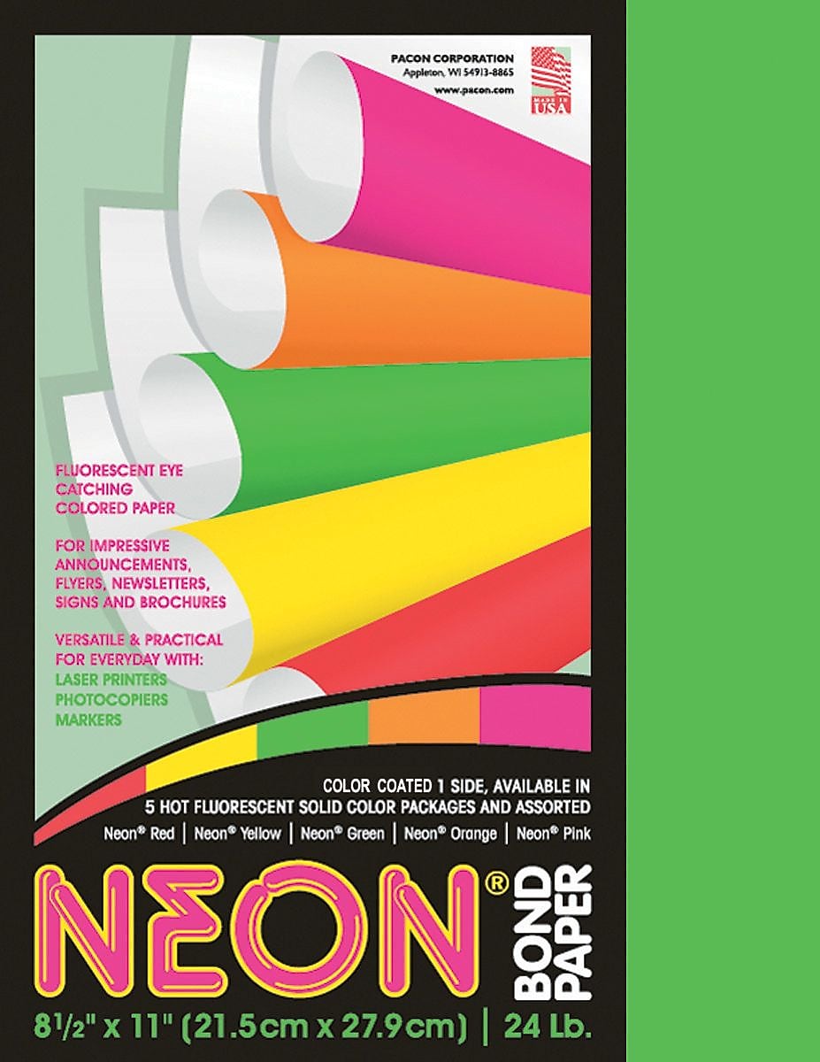 Pacon Neon Paper, 8-1/2" x 11", Green, 100 Sheets/Pack (104317)