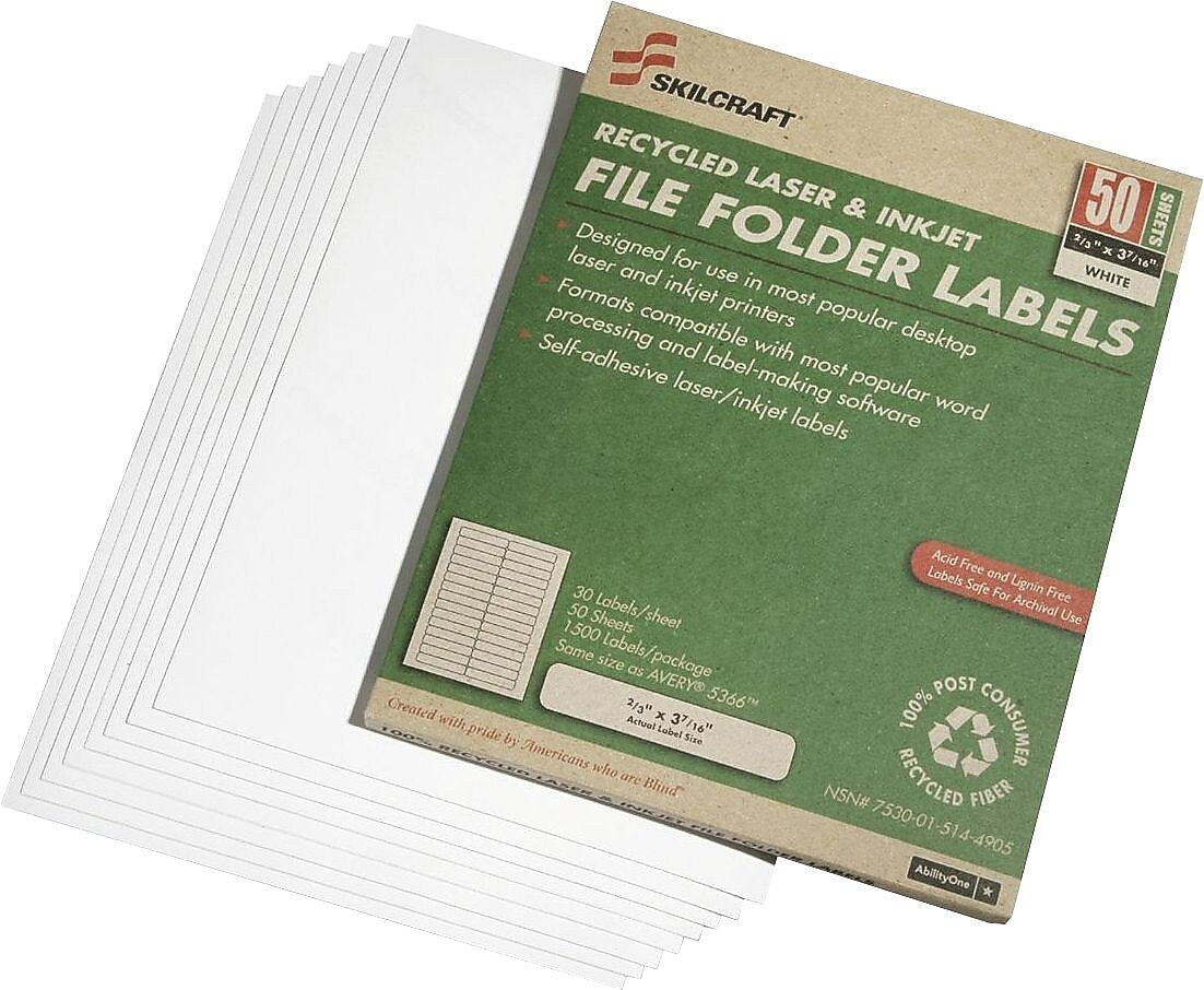 AbilityOne Skilcraft 1/3 Tab Laser/Inkjet Label, 2/3" x 3 7/16", White, 30 Labels per Sheet, 50 Sheets per Box