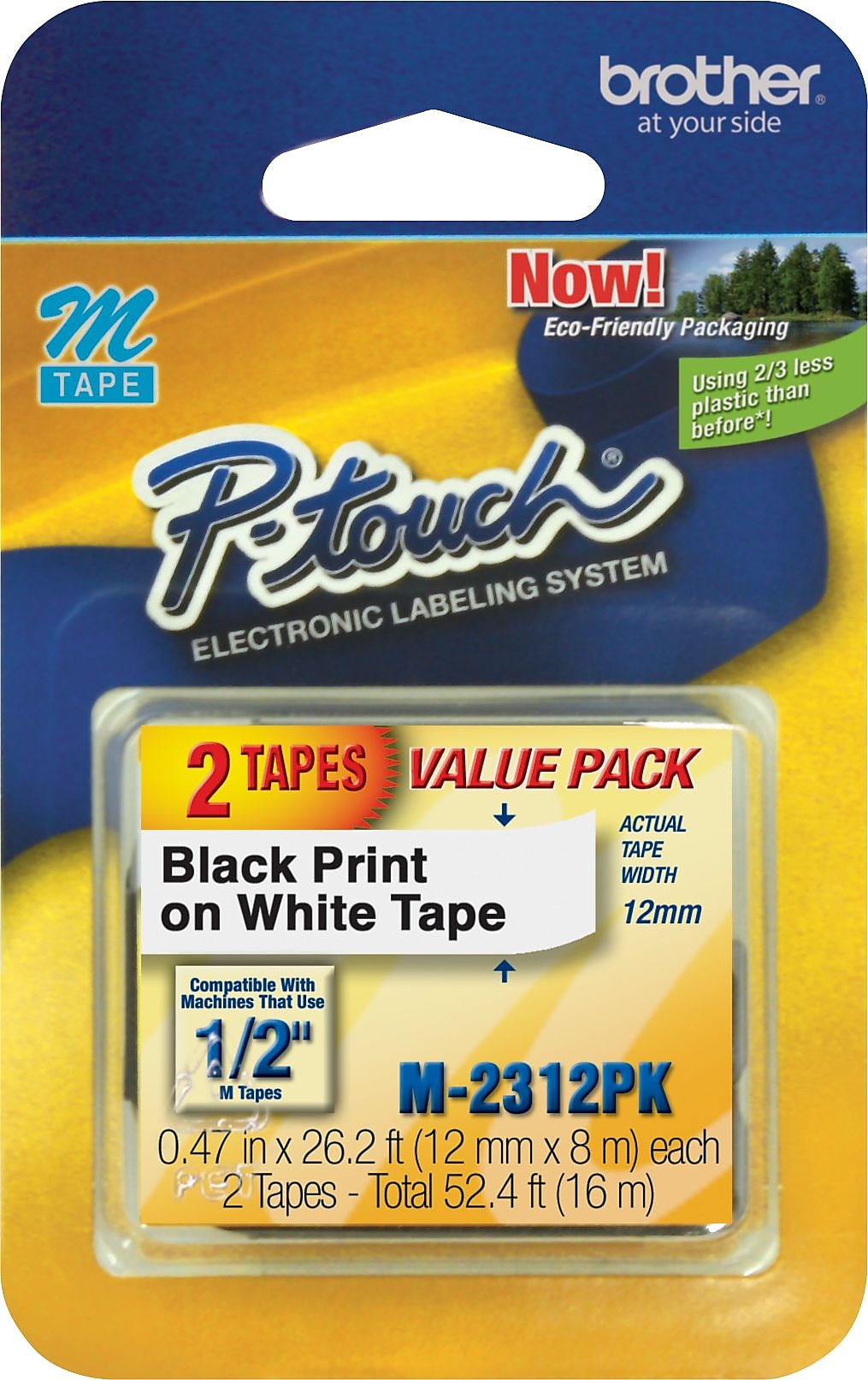 Brother P-touch M-231 Label Maker Tape, 1/2" x 26-2/10', Black on White, 2/Pack (M-2312PK)