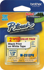 Brother P-touch M-231 Label Maker Tape, 1/2" x 26-2/10', Black on White, 2/Pack (M-2312PK)