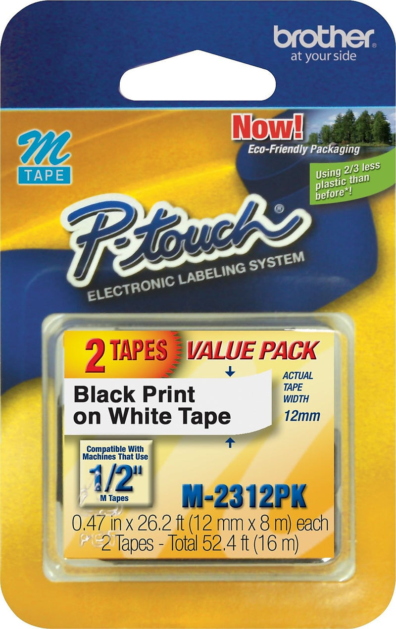Brother P-touch M-231 Label Maker Tape, 1/2" x 26-2/10', Black on White, 2/Pack (M-2312PK)