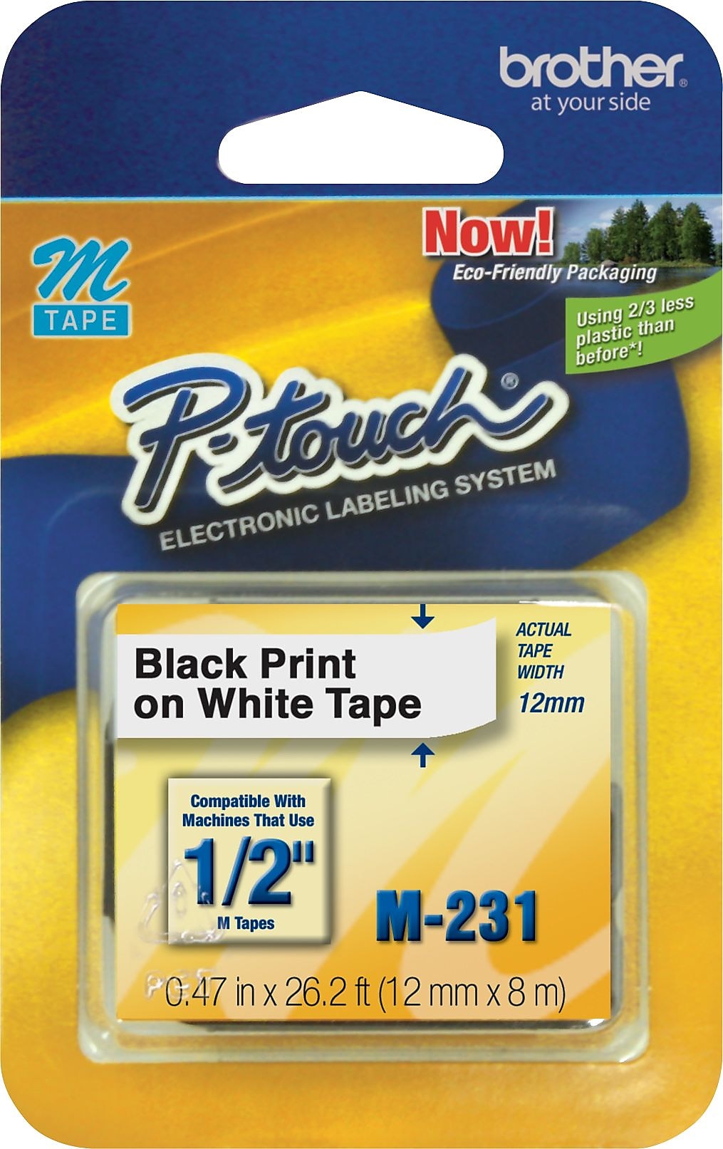 Brother P-touch M-231 Label Maker Tape, 1/2" x 26-2/10', Black on White (M-231)
