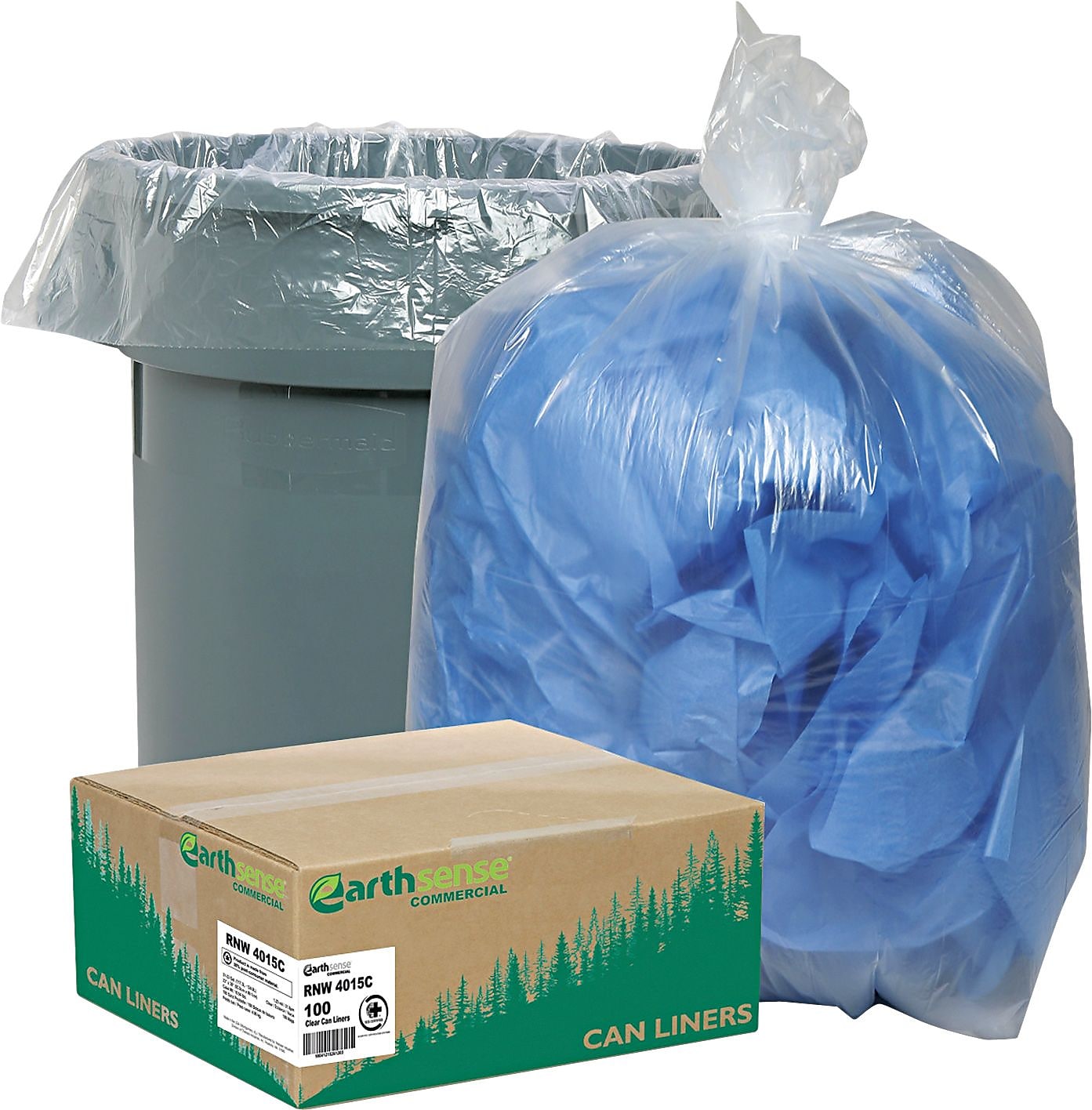 Earthsense® Clear Recycled Can Liners, Low Density, 31-33 Gallons, 1.25 mil, 33" x 39", Clear, 100/Ct