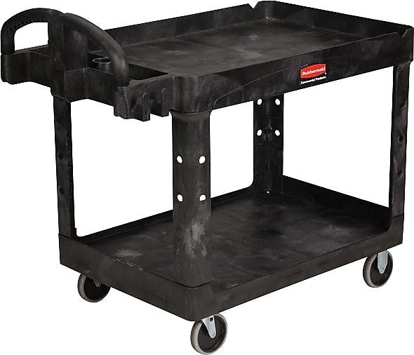 Rubbermaid Heavy Duty 2-Shelf Plastic/Poly Mobile Utility Cart with Lockable Wheels, Black (FG452088BLA)