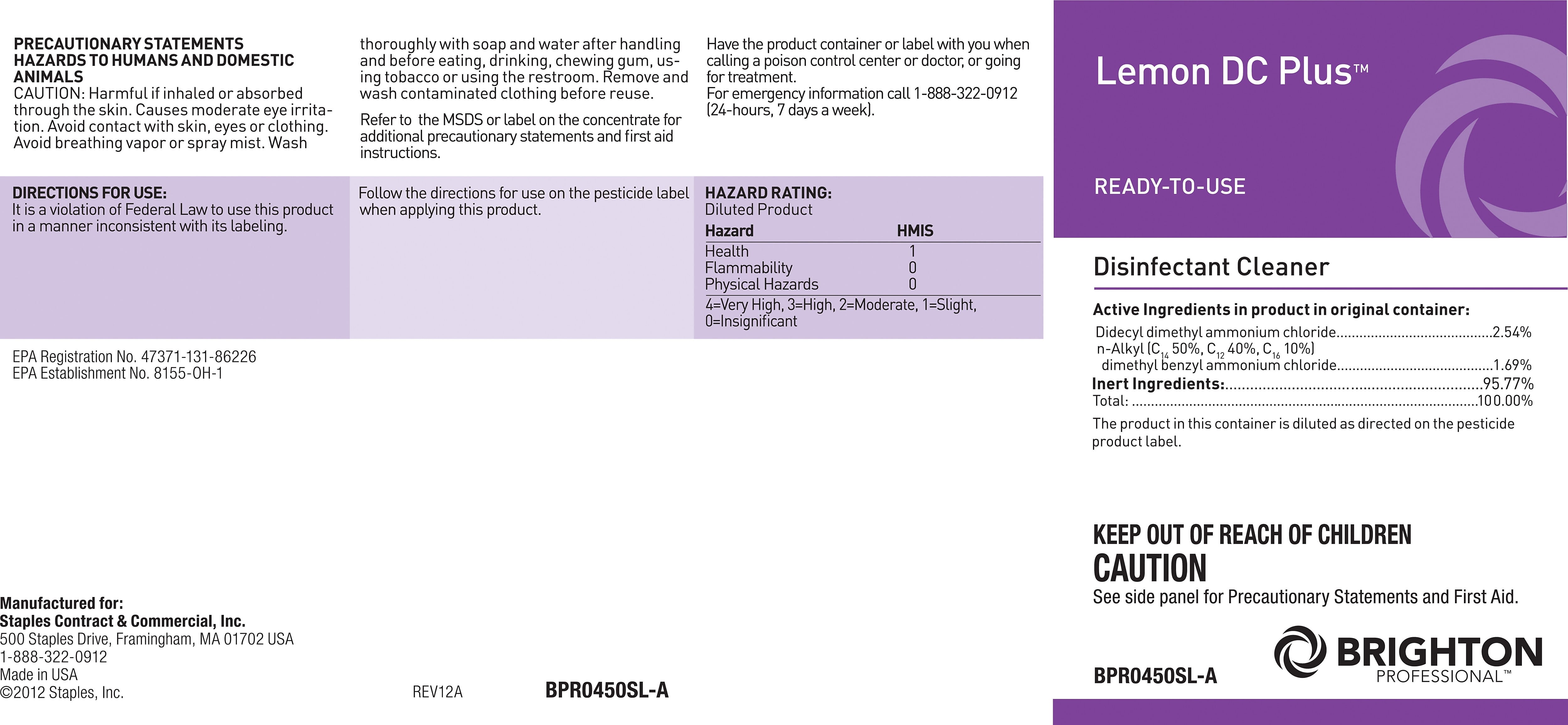 Brighton Professional™ Secondary Label for Lemon DC Plus™ Disinfectant Cleaner (BPR0450SL-A)