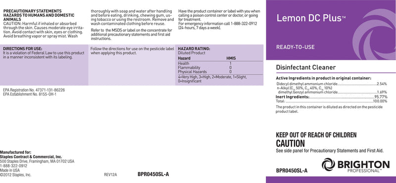 Brighton Professional™ Secondary Label for Lemon DC Plus™ Disinfectant Cleaner (BPR0450SL-A)