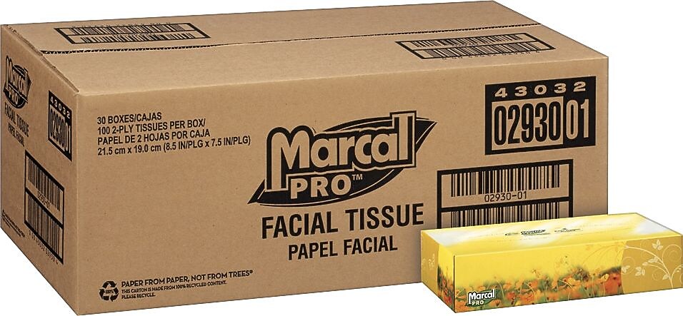 Marcal® Pro 100% Recycled  Facial Tissue Flat Box, 2-Ply, 100 Sheets/Box, 30 Boxes/Case (2930)