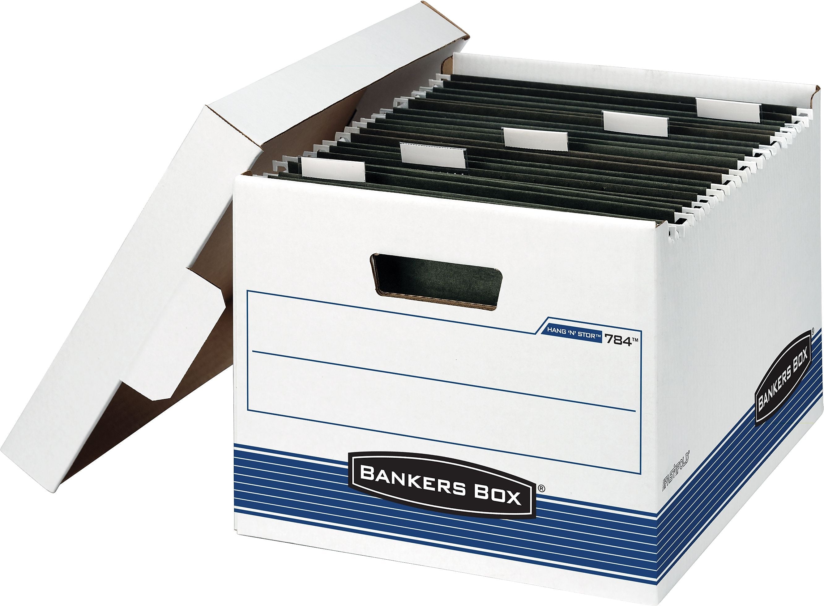 Bankers Box Hang-N-Stor Medium-Duty FastFold Corrugated File Storage Boxes, Lift-Off Lid, Letter Size, White/Blue, 4/Ct (00784)