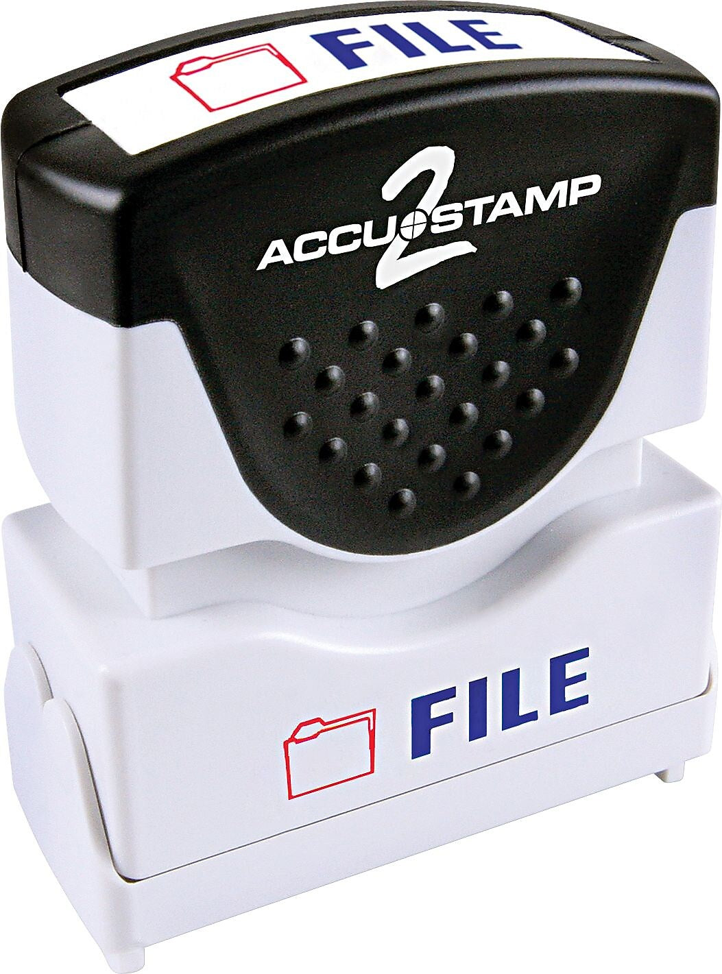 Accu-Stamp2® Two-Color Pre-Inked Shutter Message Stamp, FILE, 1/2" x 1-5/8" Impression, Red/Blue Ink (035534)