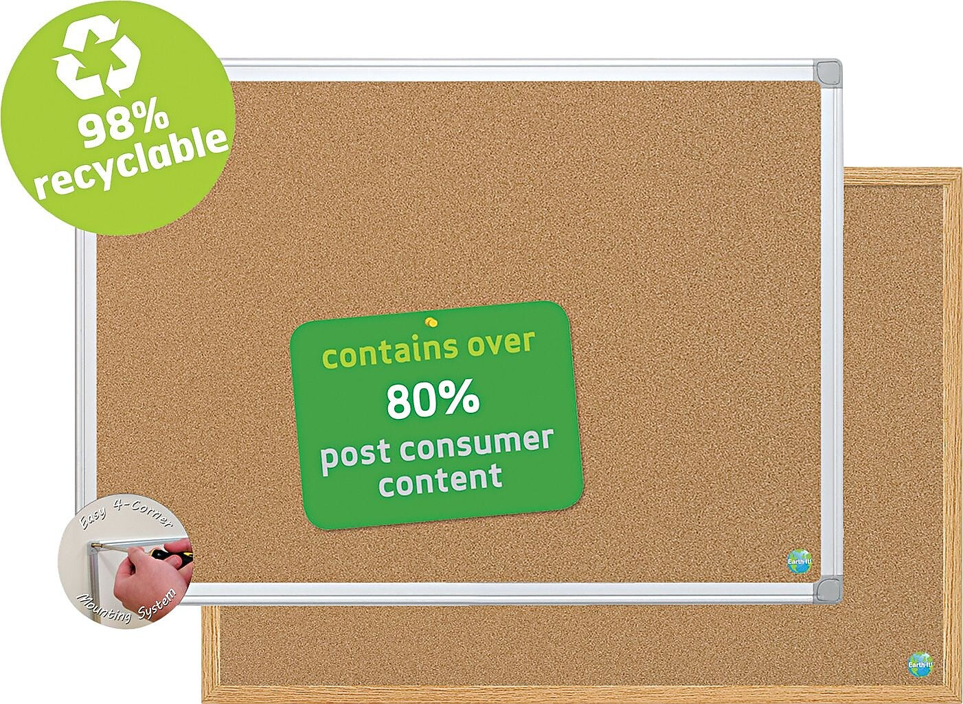 MasterVision Earth Cork Board, 24"W x 18"H, Aluminum Frame (BVCCA021790)