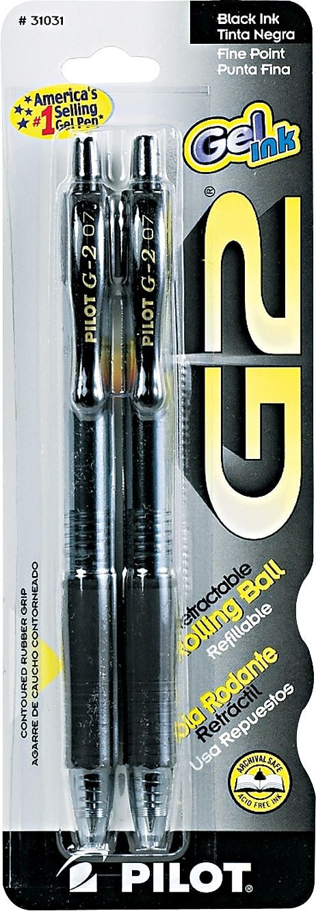 Pilot G2 Retractable Gel Pens, Fine Point, Black Ink, 2/Pack (31031)