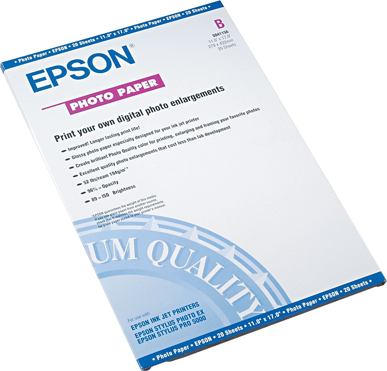 Epson Glossy Photo Paper, 11" x 17", 20 Sheets/Pack (S041156)