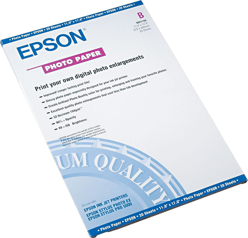 Epson Glossy Photo Paper, 11" x 17", 20 Sheets/Pack (S041156)