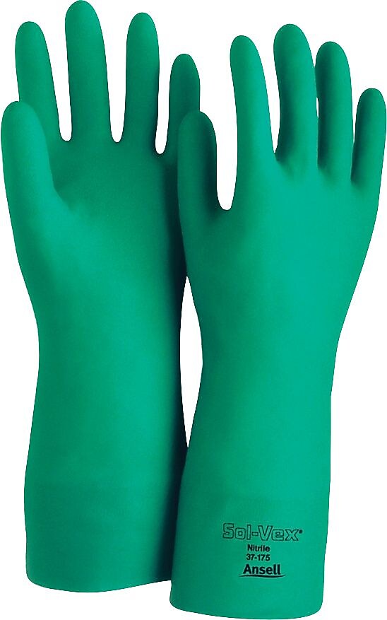 Ansell® Sol-Vex® Unsupported Nitrile Gloves, Flock Lined, Straight Cuff, Size 8, Green, 12 Pair/Box (012-37-175-8)