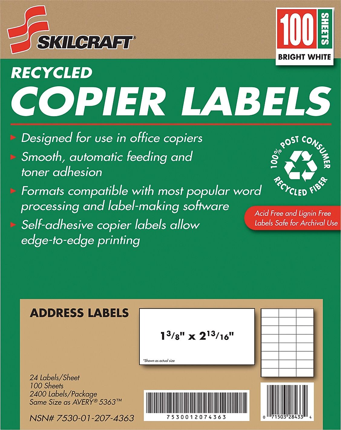 AbilityOne Recycled Copier Labels, 1-3/8 x 2-13/16, White, 2400 Labels/Box (7530012074363)