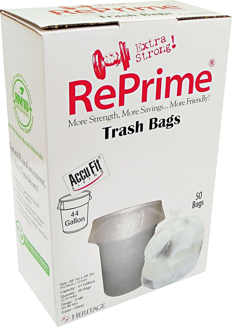 Heritage AccuFit 44 Gallon Industrial Trash Bag, 37" x 50", Low Density, 0.9 Mil, Clear, 50 Bags/Box (HERH7450TCRC1)