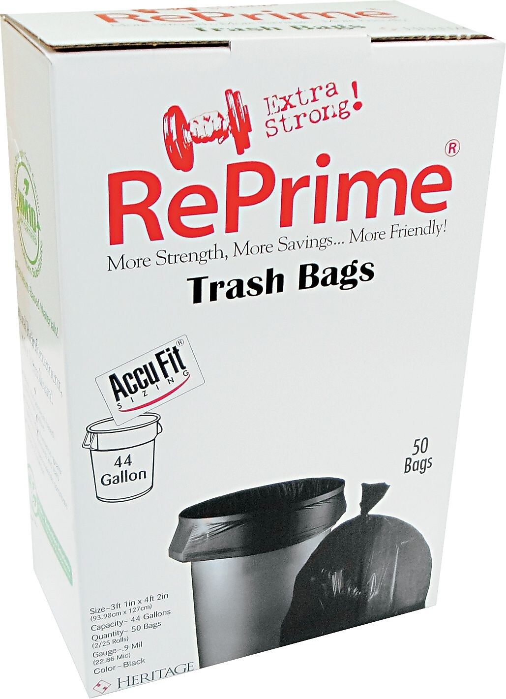 Heritage AccuFit 44 Gallon Industrial Trash Bag, 37" x 50", Low Density, 0.9 Mil, Black (HERH7450TKRC1)