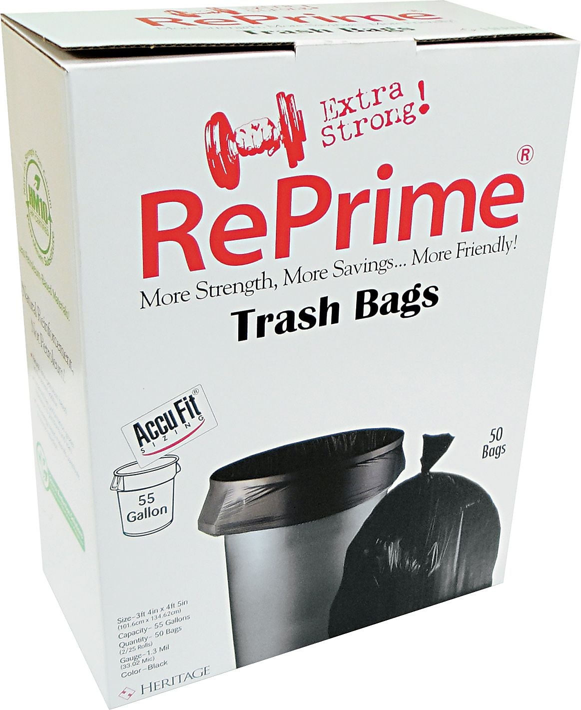 Heritage AccuFit 55 Gallon Industrial Trash Bag, 40" x 53", Low Density, 0.9 Mil, Black, 100 Bags/Box, 5 Rolls (HERH8053TKR01)