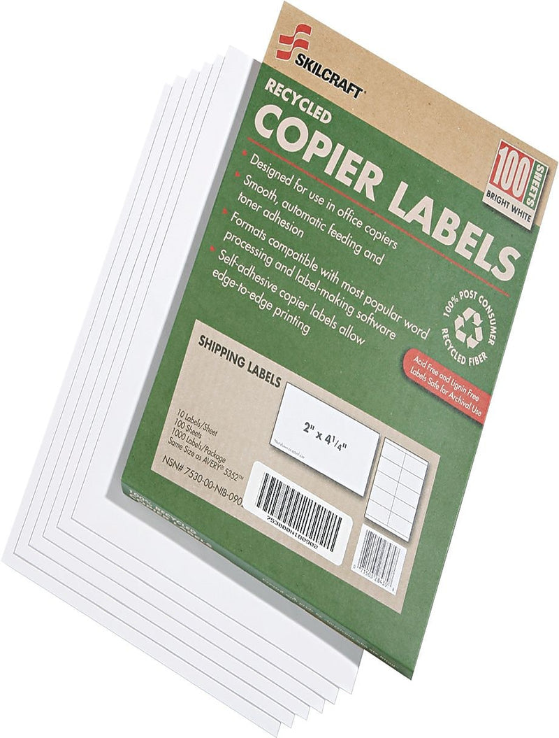 AbilityOne Recycled Copier Labels, 2 x 4-1/4, White, 1000 Labels/Box (7530015872621)