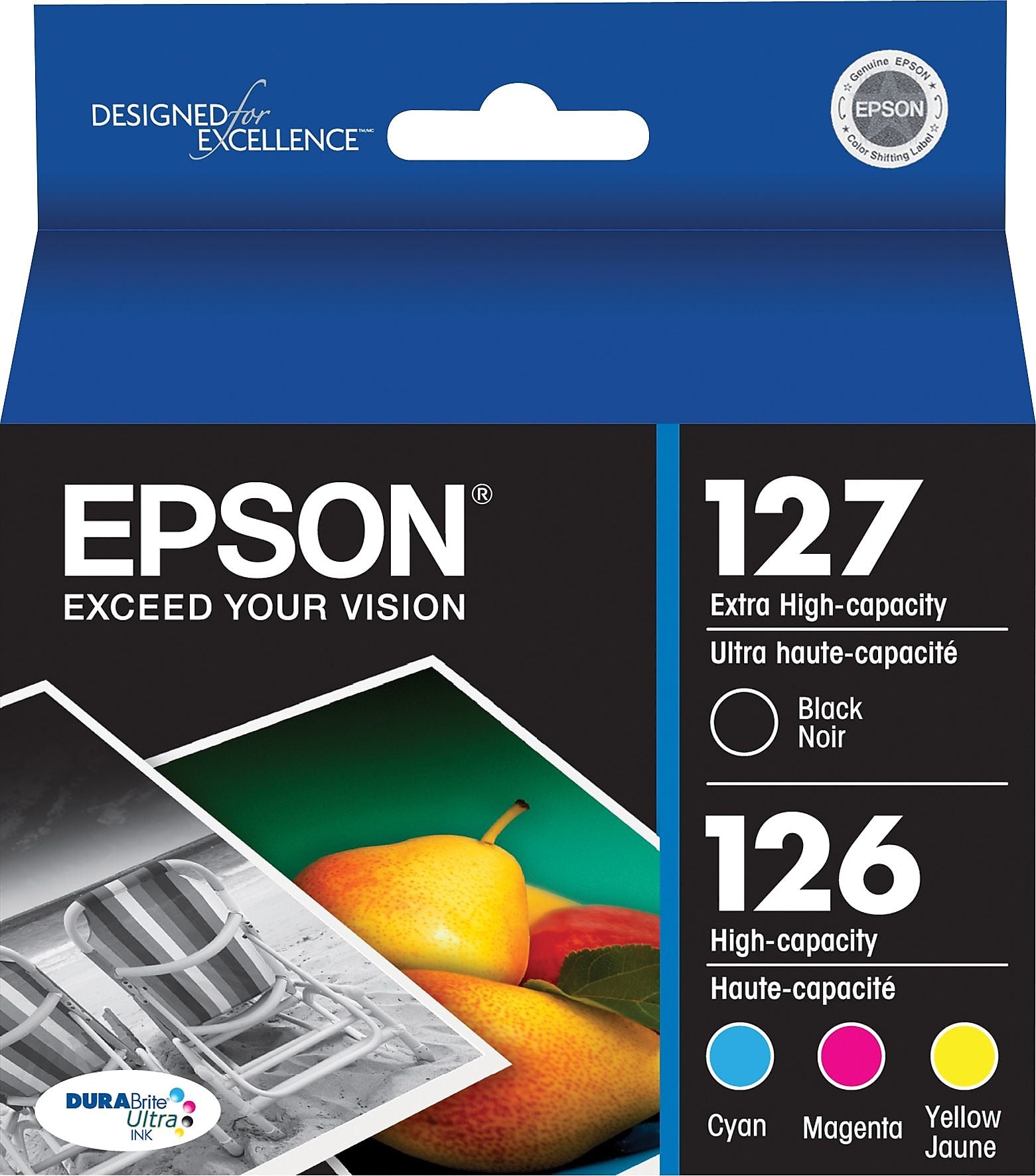 Epson T127/T126 Black Extra High Yield and Cyan, Magenta and Yellow High Yield Ink Cartridges, 4/Pack (T127120-BCS)