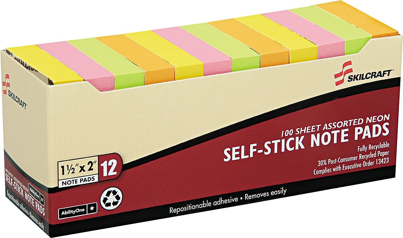 AbilityOne Self-Stick Sticky Note, 1.5" x 2, Multicolor, 100 Sheets/Pad, 12 Pads/Pack (NSN3857560)
