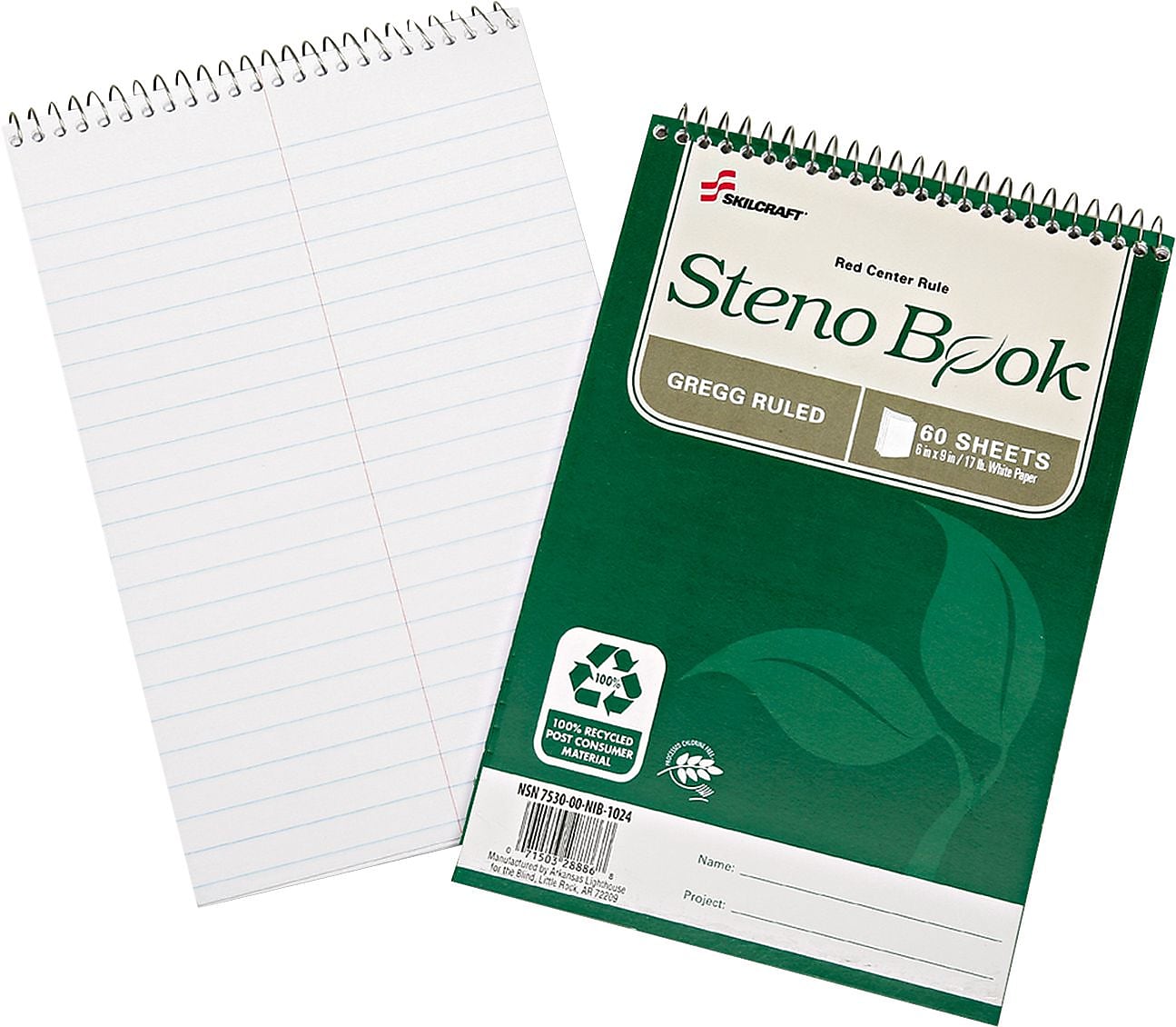 AbilityOne Recycled Steno Book, Gregg Rule, 6" x 9", White, 60 Sheets/Pad, 3/PK (7530016002029)