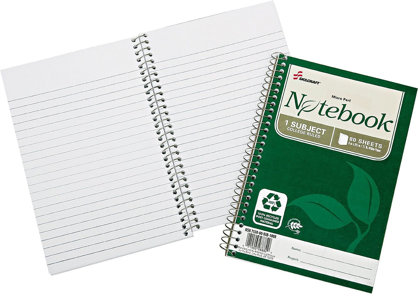 AbilityOne 1-Subject Notebook, College Ruled, 9 1/2" x 6", White, 80 Sheets/Book, 3/Pack (7530016002017)