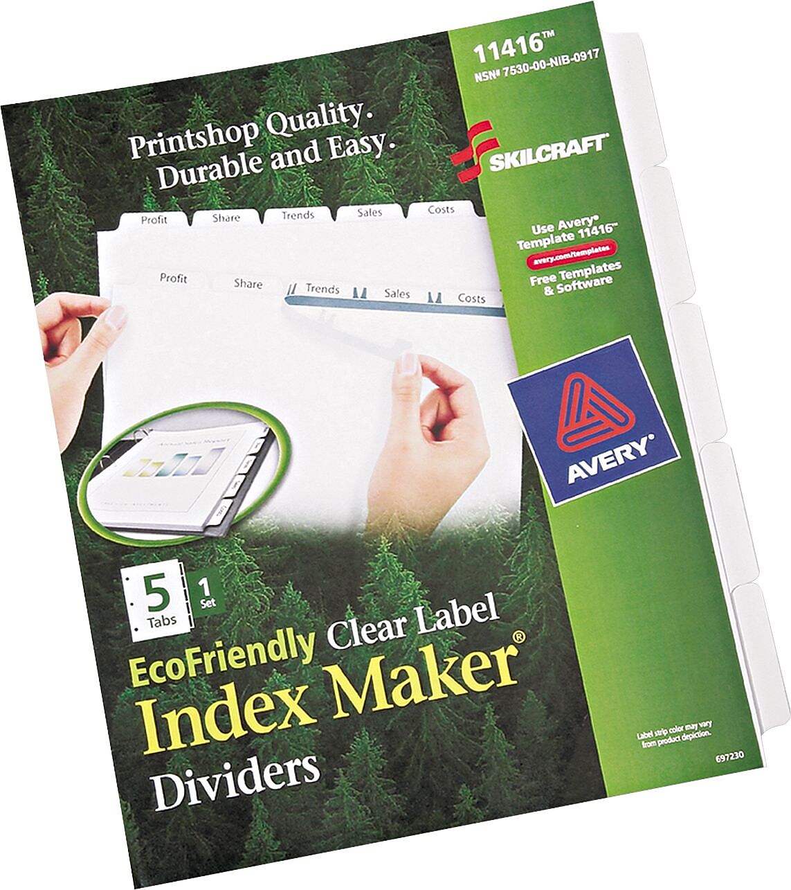 AbilityOne Skilcraft  Index Dividers, 5-Tab, Blank Tabs, Letter, White, 1 Set (7530016006977)