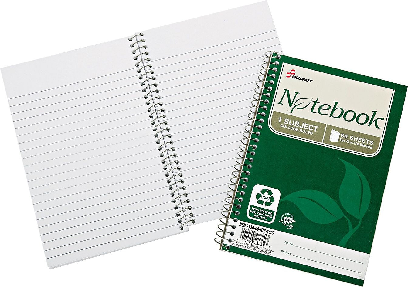 AbilityOne Recycled Notebook, College Rule, 5" x 7 1/2", White, 80/Pad, 6/Pack (7530016002013)