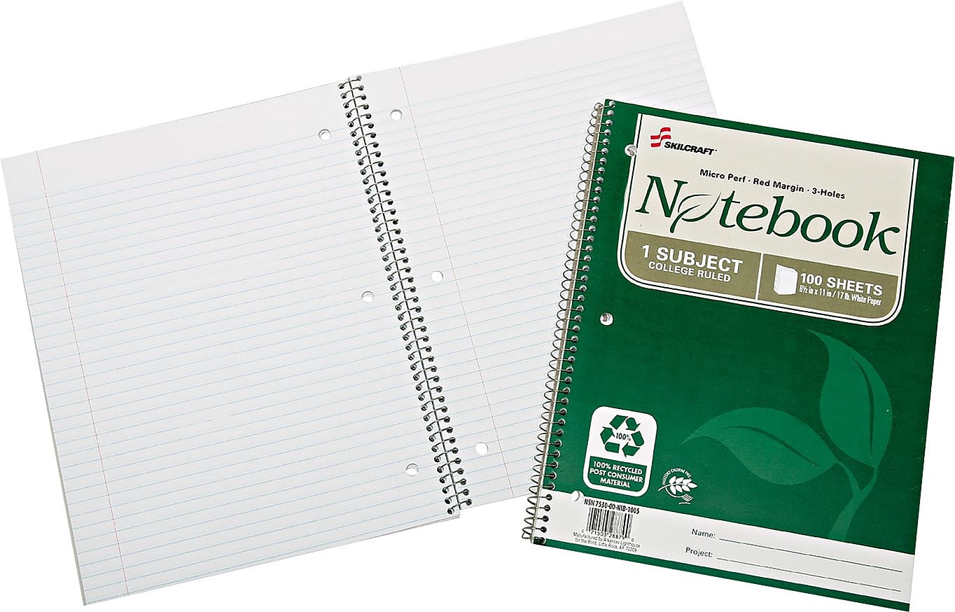 AbilityOne 1-Subject Notebooks, 8.5" x 11", College Ruled, 100 Sheets, White, 3/Pack (NSN6002025)