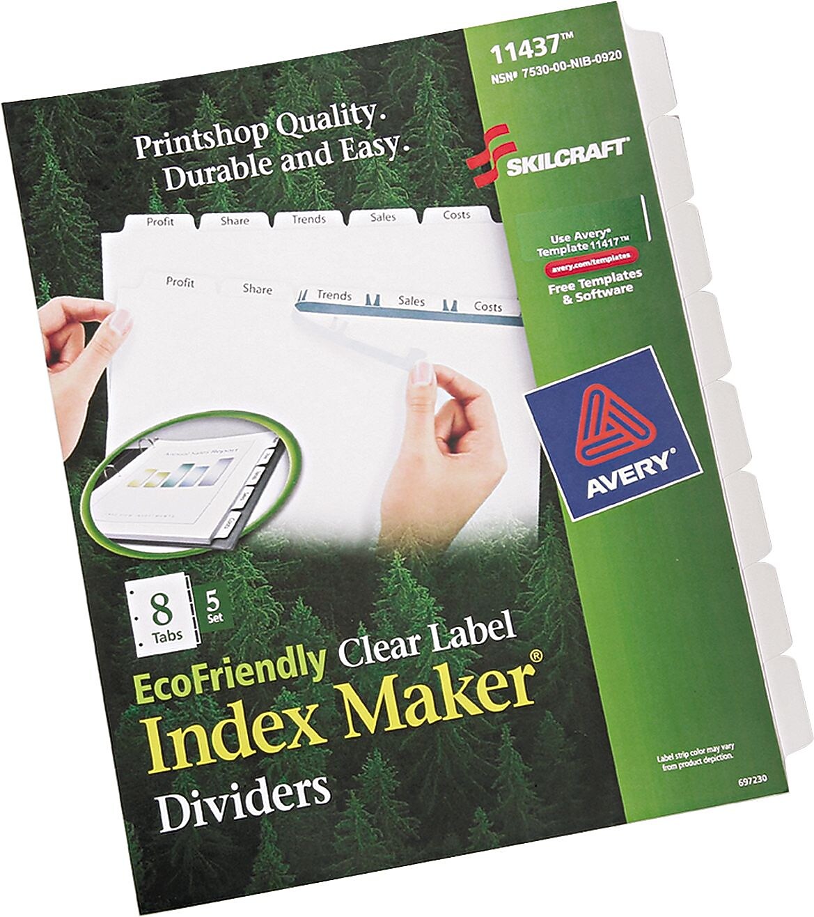 AbilityOne Index Dividers, 8-Tab, Blank Tabs, Letter, White, 5 Sets (7530016006982)