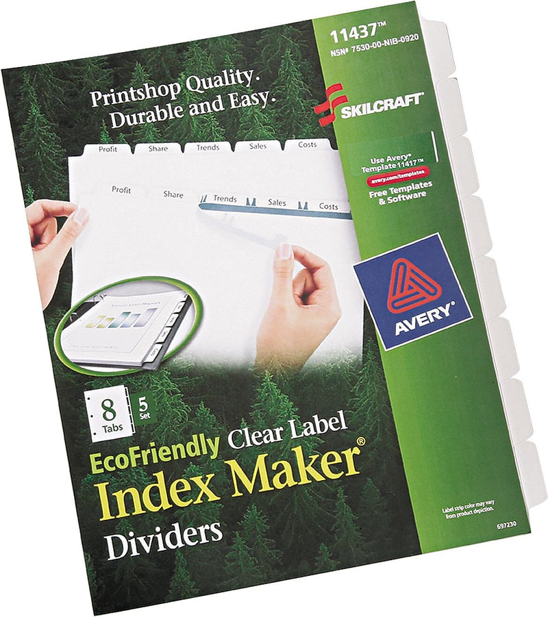 AbilityOne Index Dividers, 8-Tab, Blank Tabs, Letter, White, 5 Sets (7530016006982)