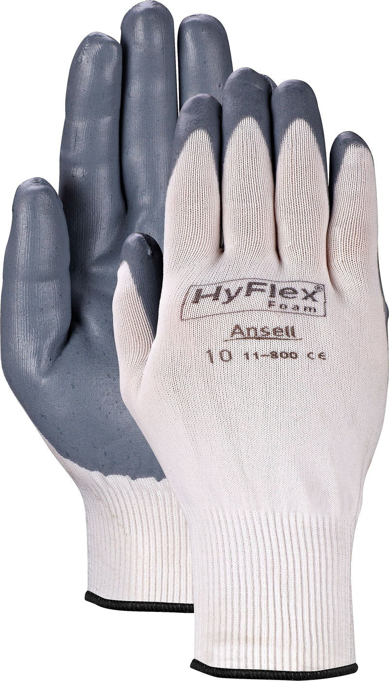 Ansell® HyFlex® Coated Gloves, Foam Nitrile, Knit-Wrist Cuff, Size 6, White/Grey, 12 Pair/Box (012-11-800-6)