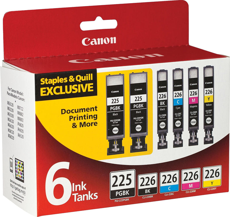 Canon 225/226 Black/Photo Black/Cyan/Magenta/Yellow Standard Yield Ink Cartridge, 6/Pack (4530B012)