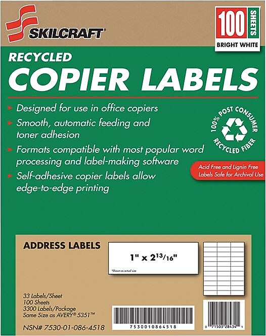 AbilityOne Recycled Copier Labels, 1 x 2-13/16, White, 3300 Labels/Box (7530010864518)