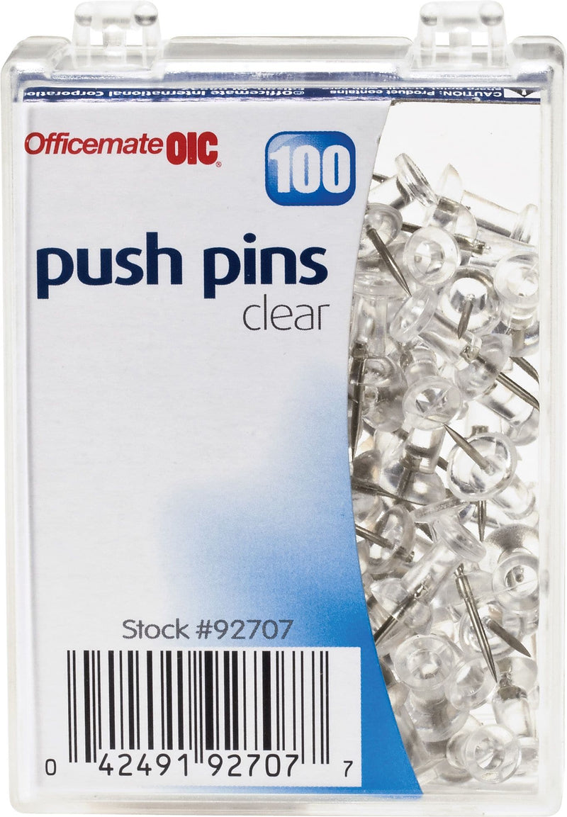 OIC Push Pins, 1/4" Plastic Heads, Clear, 100 Boxes Per Carton (92707CT)