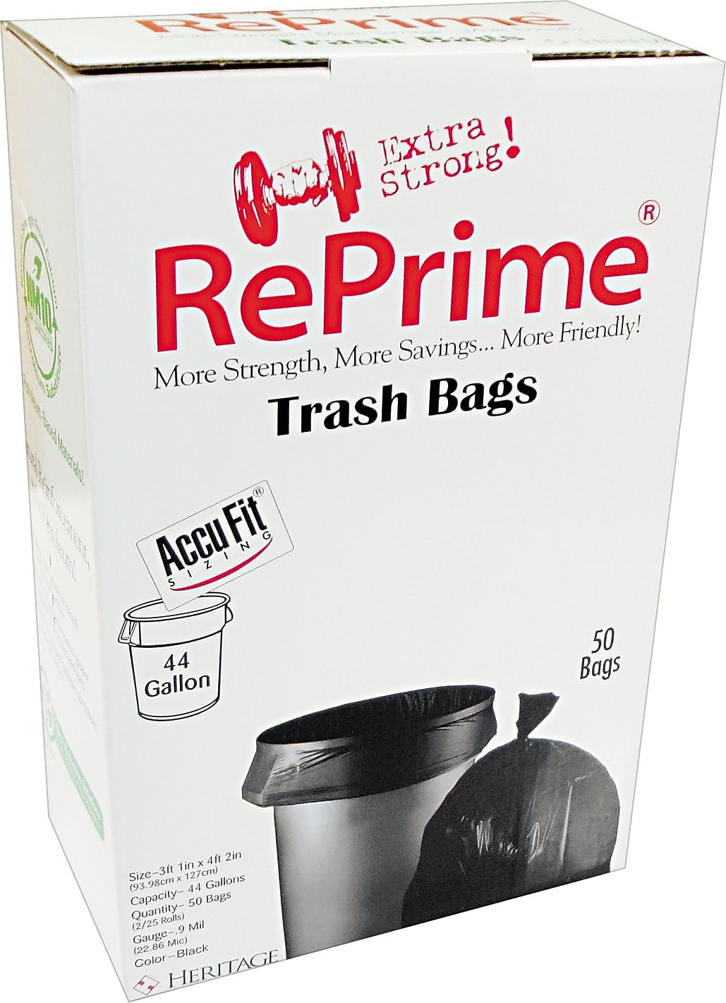 Heritage AccuFit 44 Gallon Industrial Trash Bag, 37" x 50", Low Density, 0.9 Mil, Black (HERH7450TKRC1)