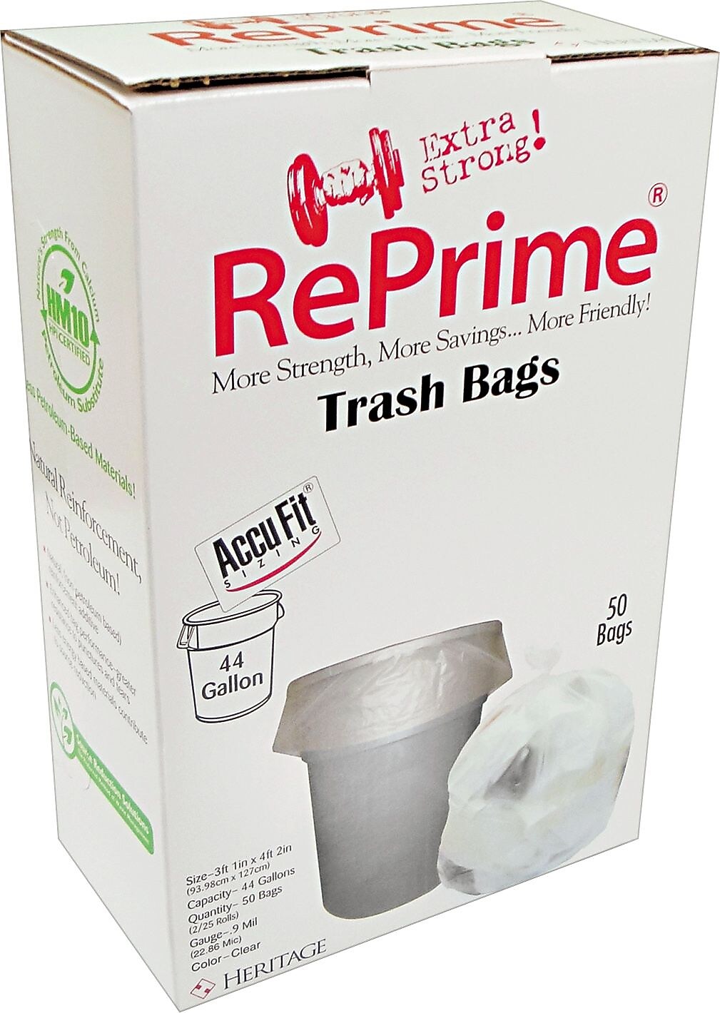 Heritage AccuFit 44 Gallon Industrial Trash Bag, 37" x 50", Low Density, 0.9 Mil, Clear, 50 Bags/Box (HERH7450TCRC1)