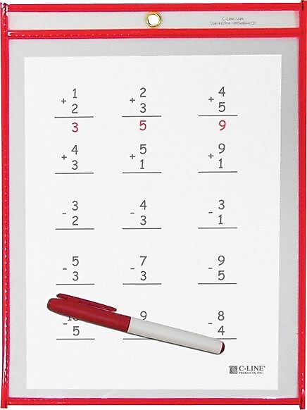 C-Line Reusable Dry Erase Pocket, Red, 9" x 12", 30/Bx