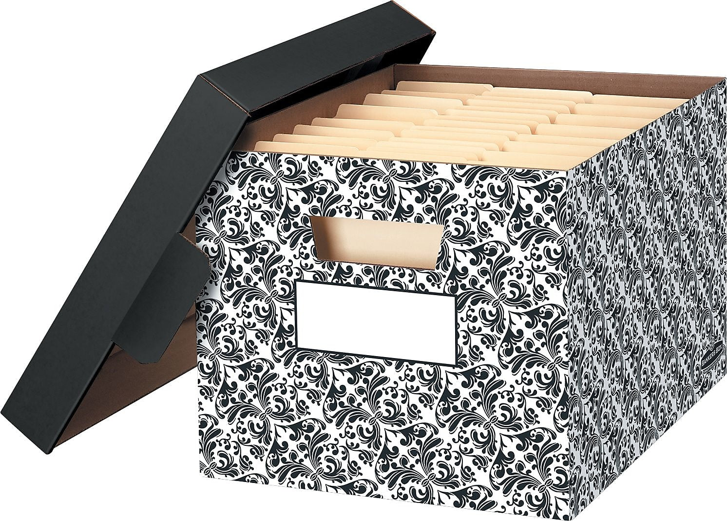 Bankers Box Stor/File Medium Duty 60% Recycled FastFold Corrugated File Box with Lid, Letter/Legal Size, Black/White, 4/Carton