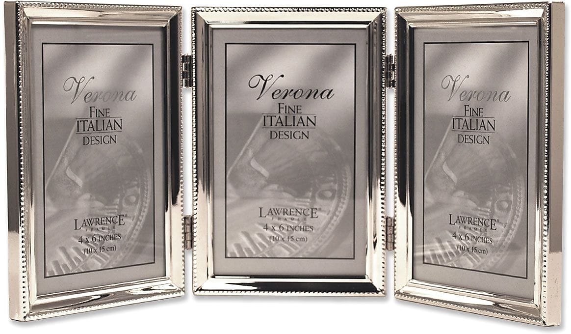 Lawrence Frames Polished Silver Plate 4"x 6" Hinged Triple Picture Frame - Bead Border Design