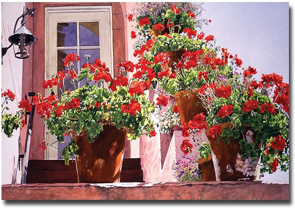 Trademark Global David Lloyd Glover "Geraniums on the Stairs" Canvas Art, 16" x 24"