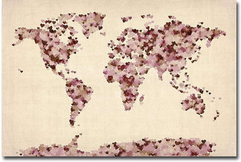 Trademark Global Michael Tompsett "Vintage Hearts World Map" Canvas Art, 16" x 24"
