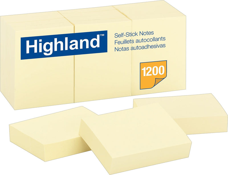 Highland Self-Stick Notes, 1.38" x 1.88", Yellow, 100 Sheets/Pad, 12 Pads/Pack (MMM6539YW)