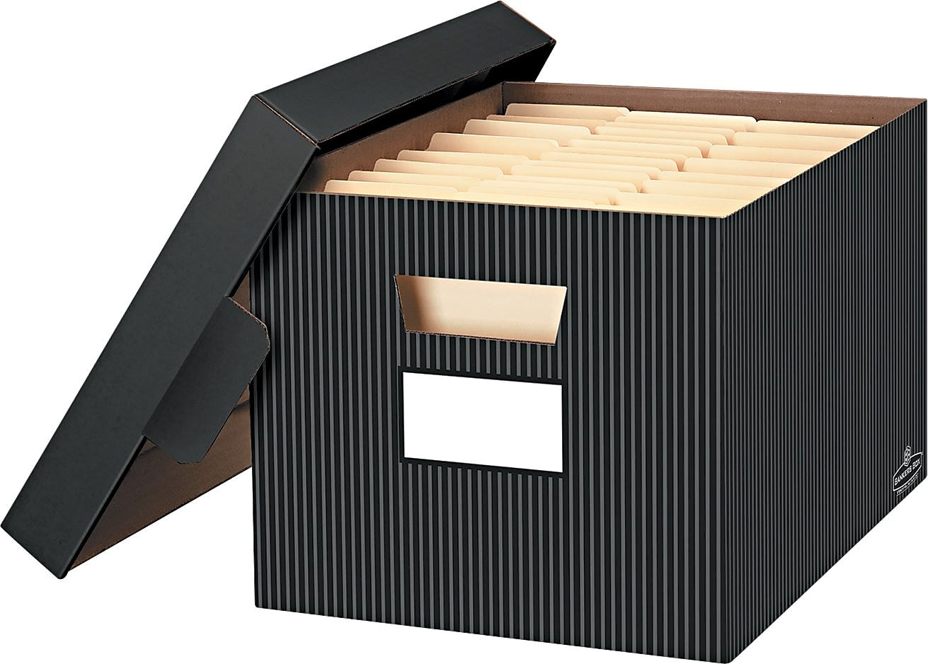 Bankers Box Stor/File Medium Duty 60% Recycled FastFold Corrugated File Box with Lid, Letter/Legal Size, Black/Gray, 4/Carton