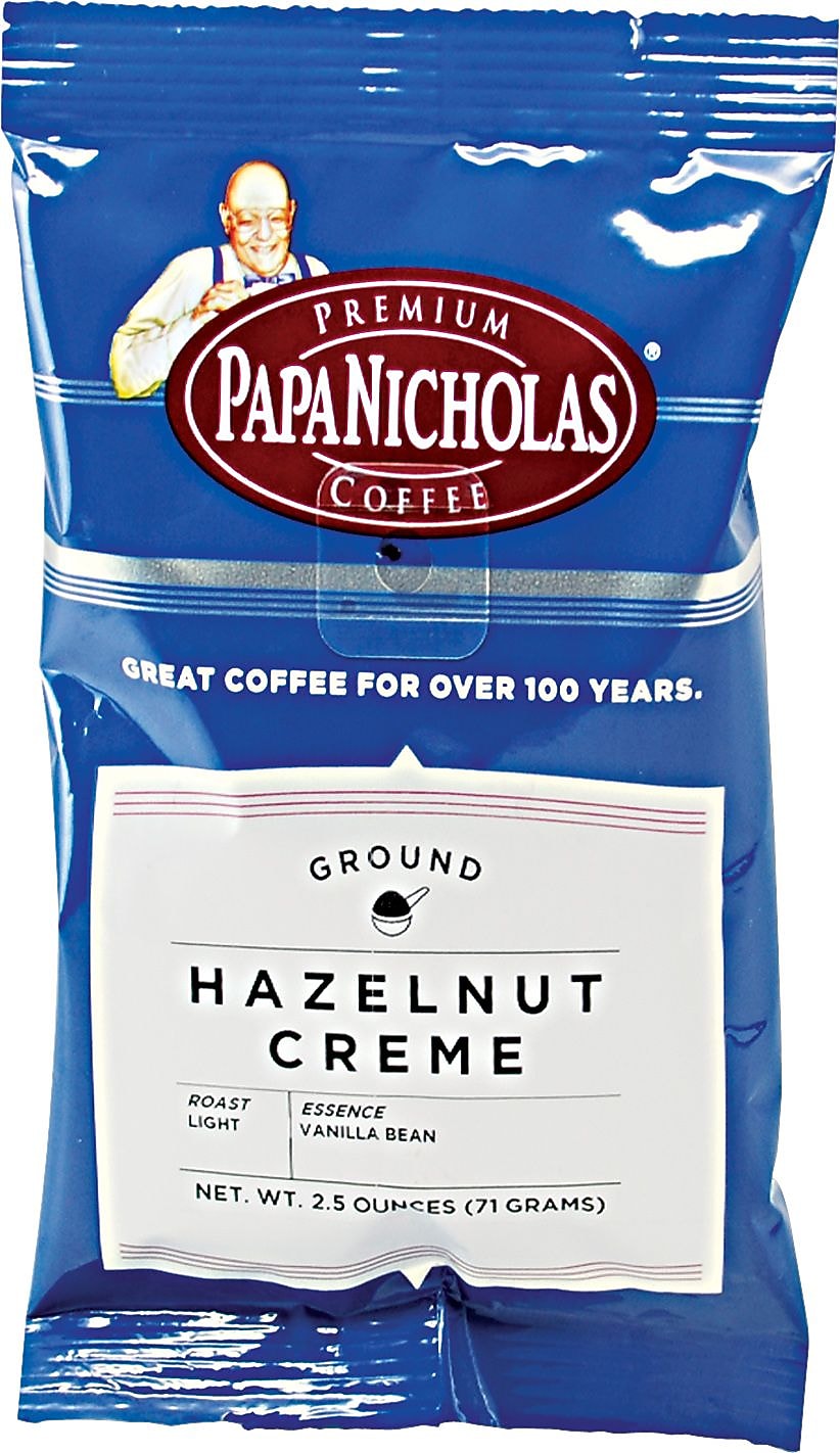 Papa Nicholas Premium Hazelnut Creme Ground Coffee, Light/Mild Roast, 2.5 oz. Packets, 18/Carton (CO25187)