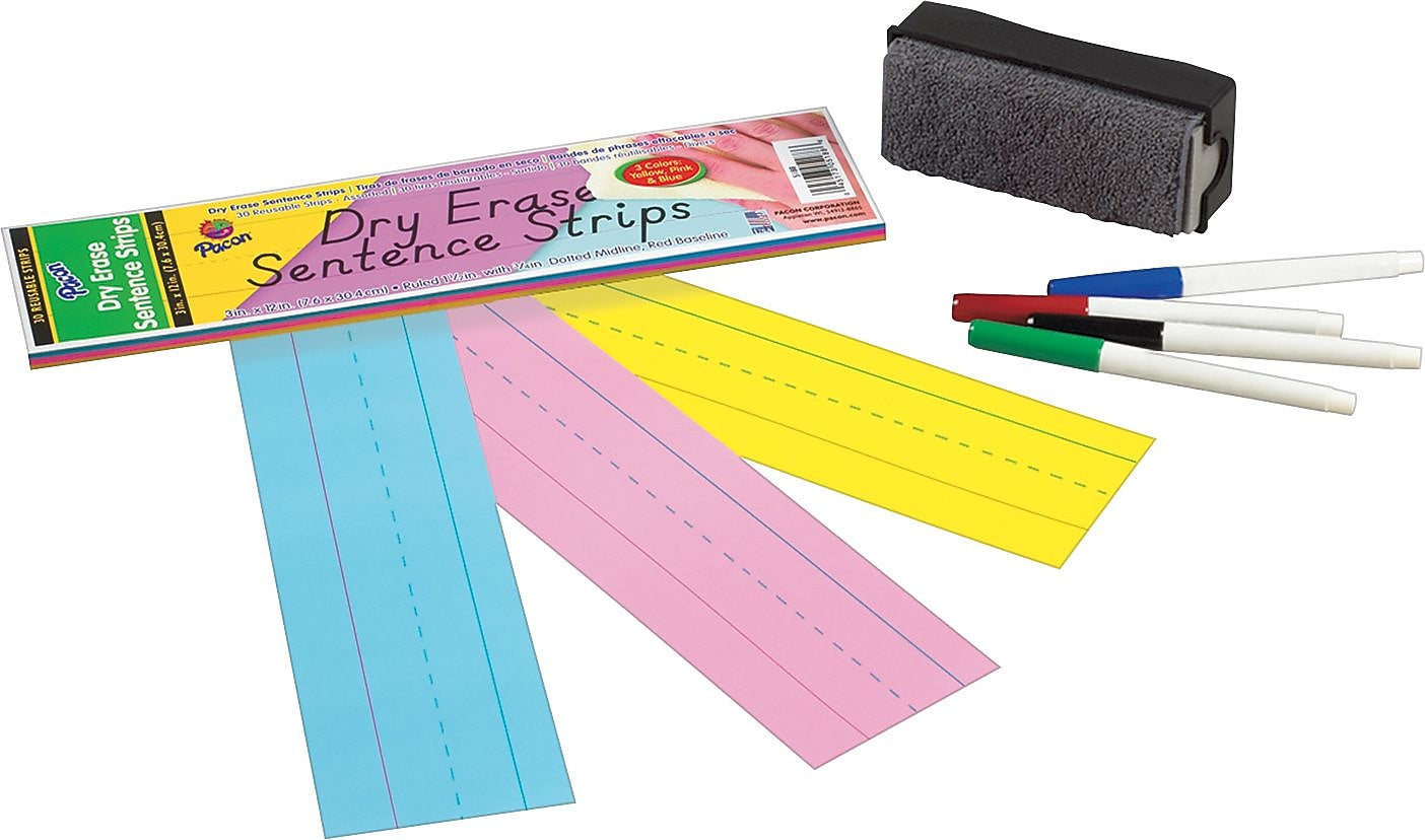 Dry Erase Sentence Strips, 12 x 3, Assorted, 20 per Pack