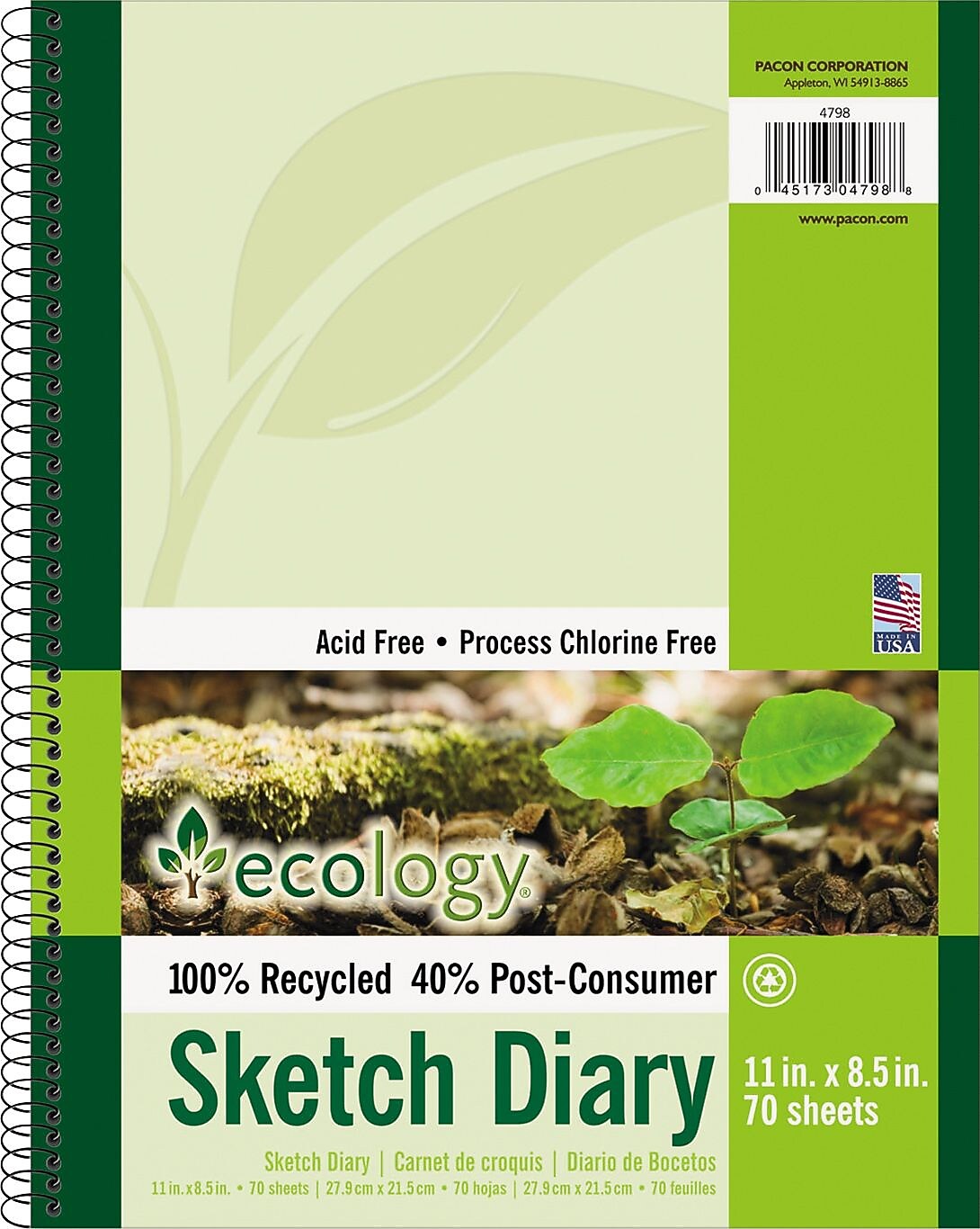 Pacon Ecology 8.5" x 11" Spiral Bound Sketch Pad, 70 Sheets/Pad (PAC4798)