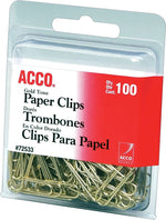 ACCO Gold Tone Standard Paper Clips, Gold, 100 Clips/Pack (A7072533)